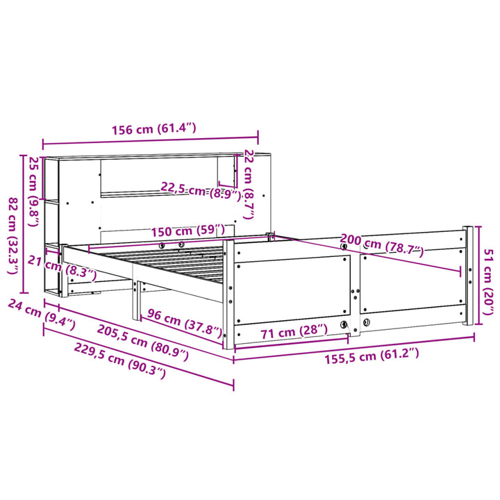 seng med reol uden madras 150x200 cm massivt fyrretræ hvid