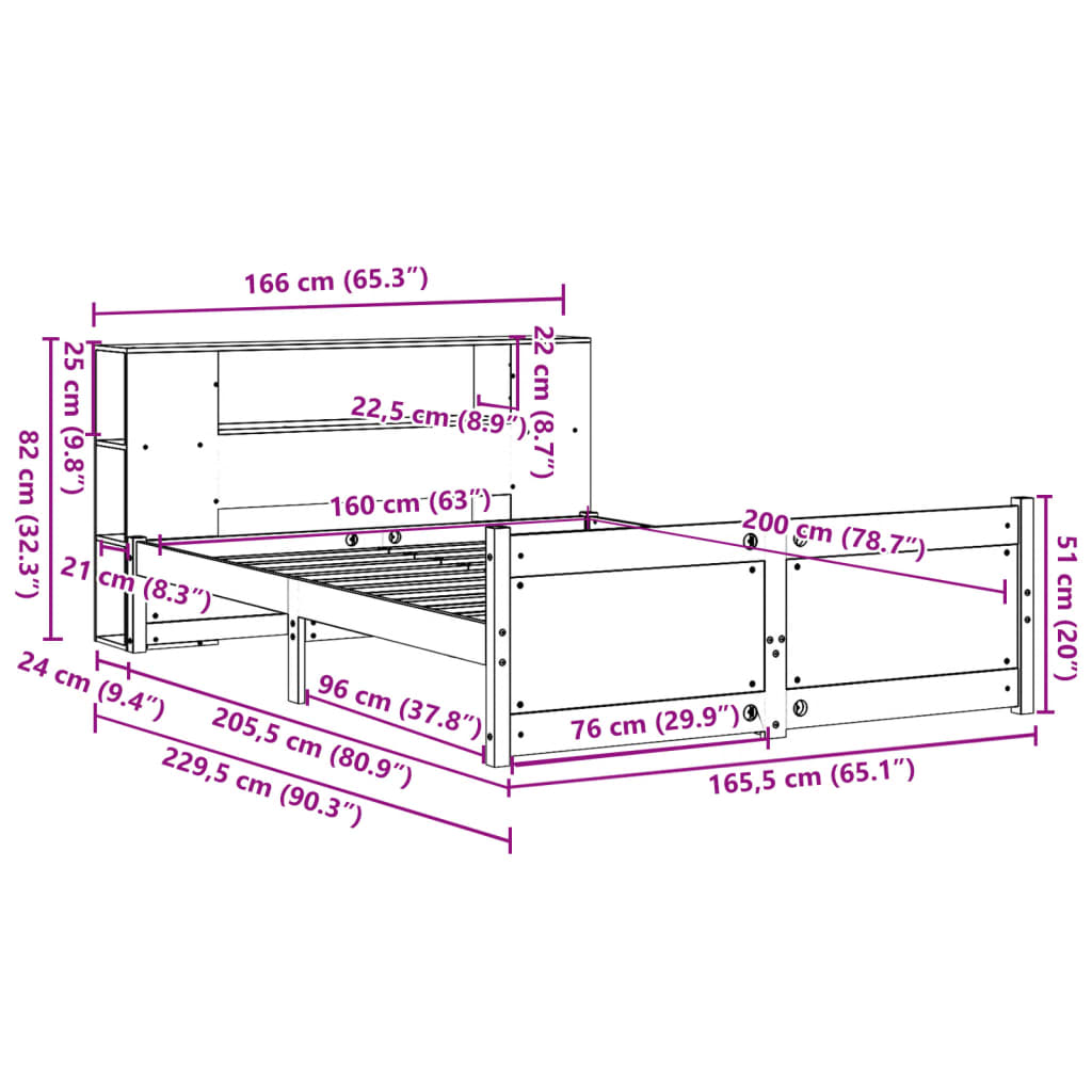 seng med reol uden madras 160x200 cm massivt fyrretræ hvid