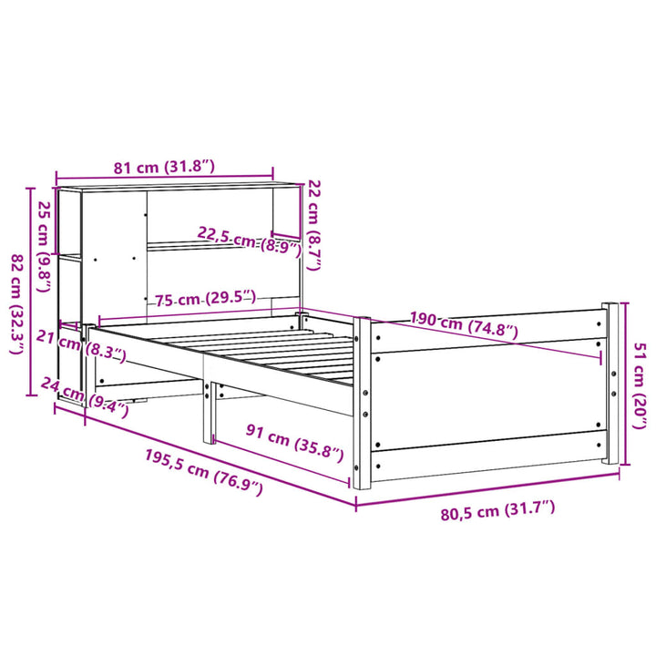 seng med reol uden madras 75x190 cm massivt fyrretræ
