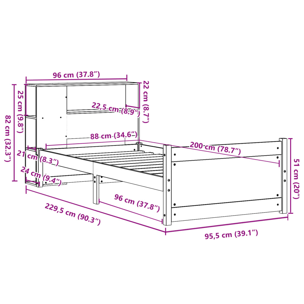 seng med reol uden madras 90x200 cm massivt fyrretræ