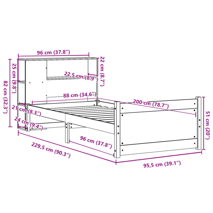 seng med reol uden madras 90x200 cm massivt fyrretræ