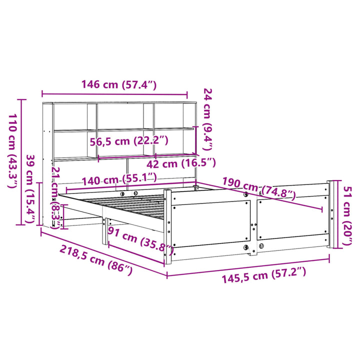 seng med reol uden madras 140x190 cm massivt fyrretræ hvid