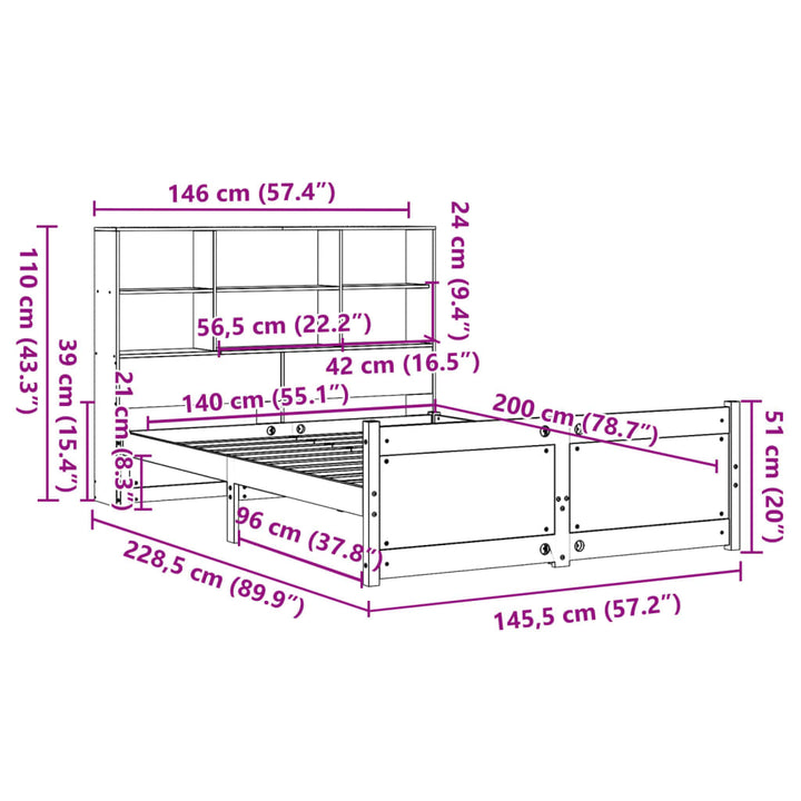 seng med reol uden madras 140x200 cm massivt fyrretræ hvid