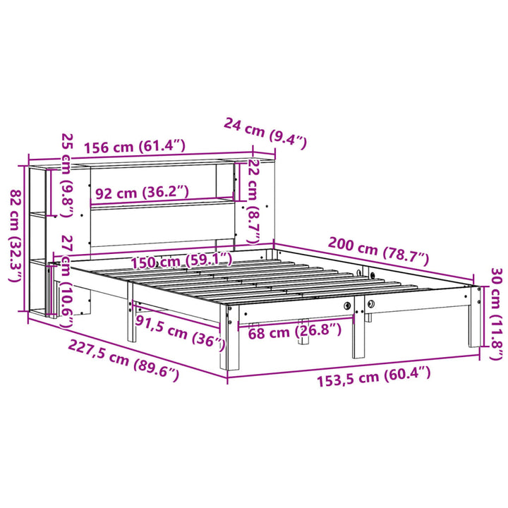 seng med reol uden madras 150x200 cm massivt fyrretræ hvid