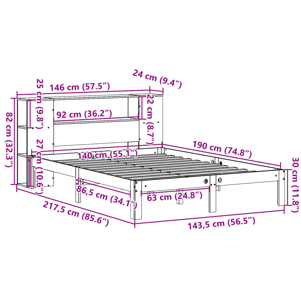 seng med reol uden madras 140x190cm massivt fyrretræ gyldenbrun