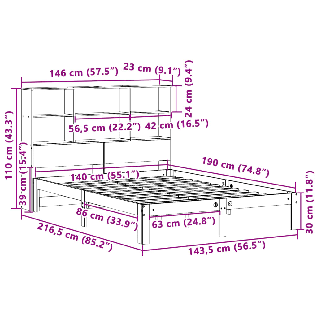 seng med reol uden madras 140x190 cm massivt fyrretræ hvid