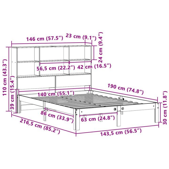 seng med reol uden madras 140x190 cm massivt fyrretræ hvid