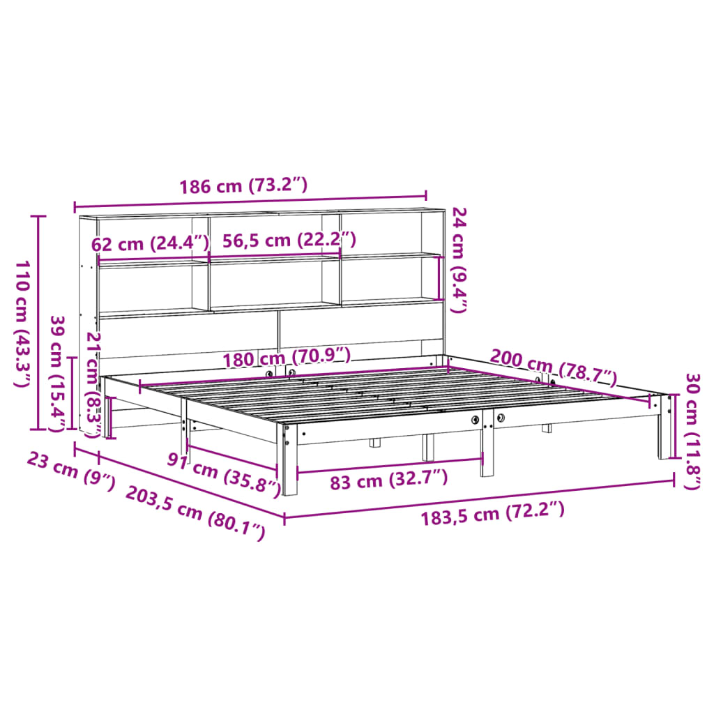 seng med reol uden madras 180x200 cm massivt fyrretræ hvid