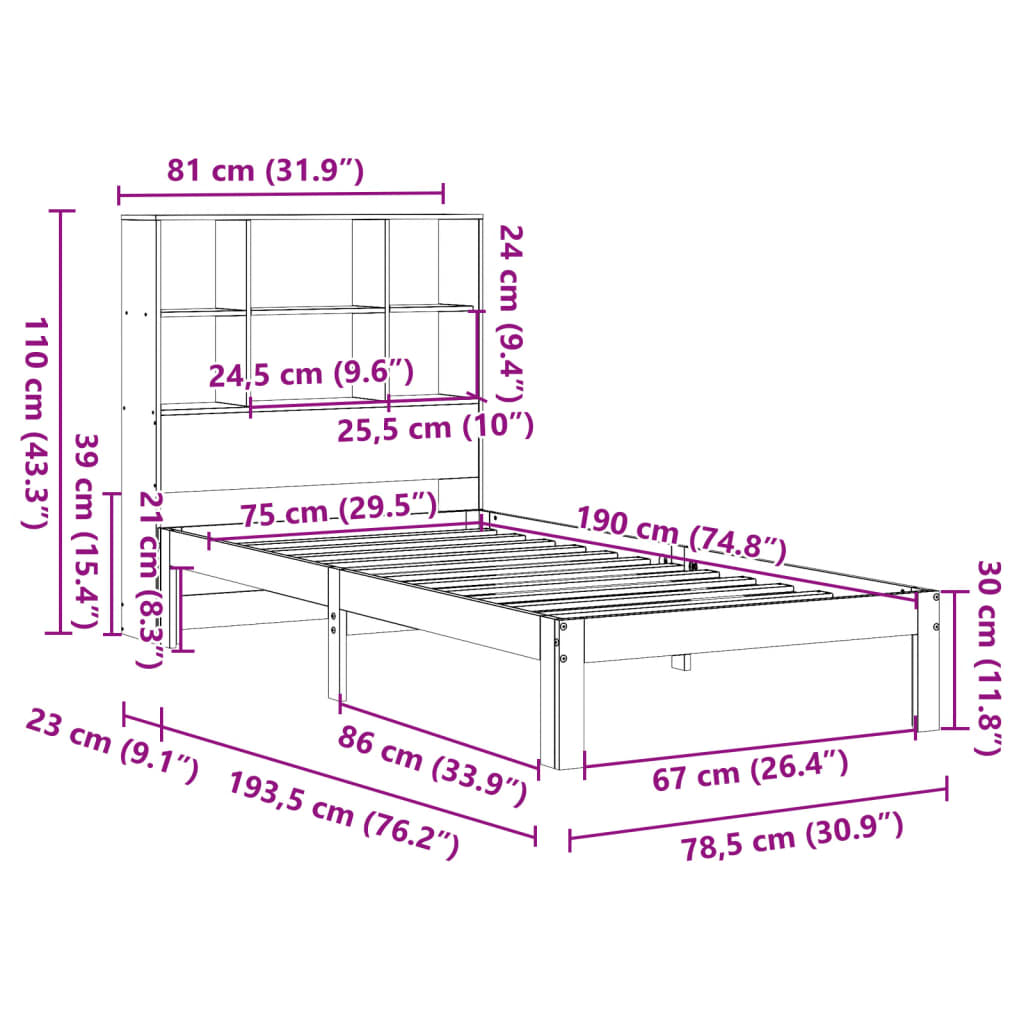 seng med reol uden madras 75x190 cm massivt fyrretræ gyldenbrun