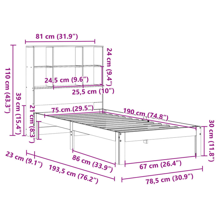 seng med reol uden madras 75x190 cm massivt fyrretræ gyldenbrun