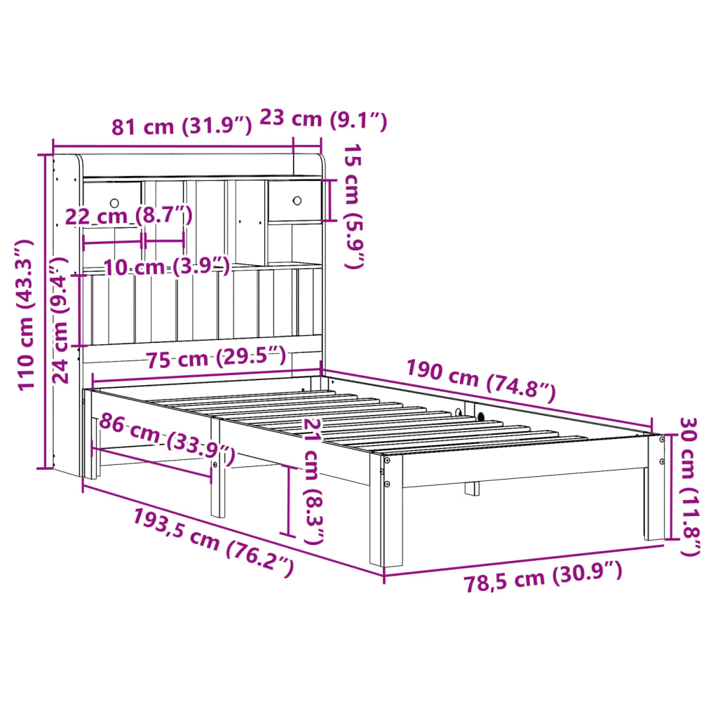 seng med reol uden madras 75x190 cm massivt fyrretræ hvid