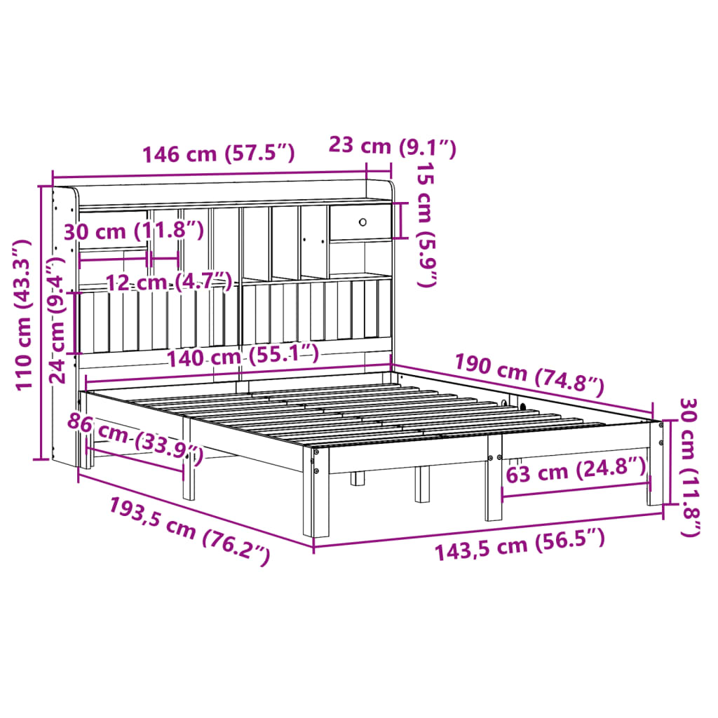 seng med reol uden madras 140x190 cm massivt fyrretræ