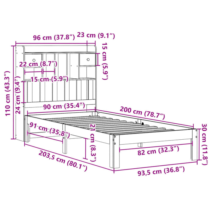 seng med reol uden madras 90x200 cm massivt fyrretræ