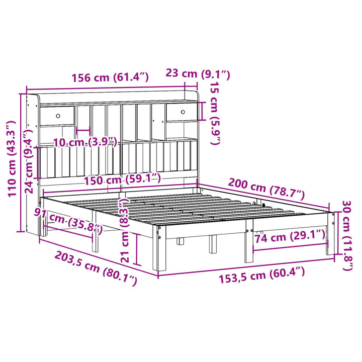 seng med reol uden madras 150x200 cm massivt fyrretræ hvid