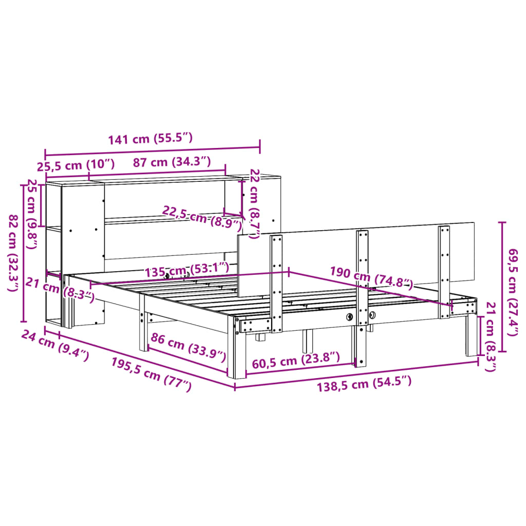 seng med reol uden madras 135x190 cm massivt fyrretræ hvid