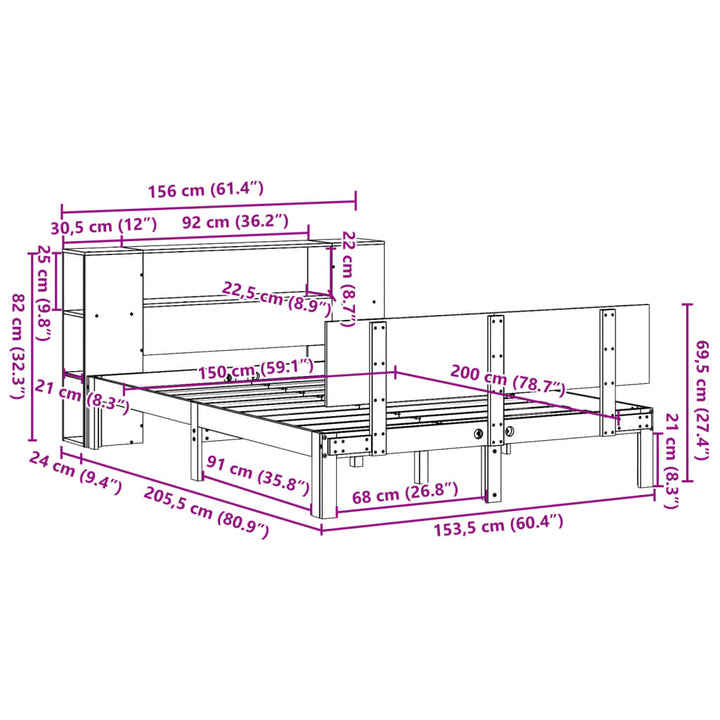 seng med reol uden madras 150x200 cm massivt fyrretræ hvid