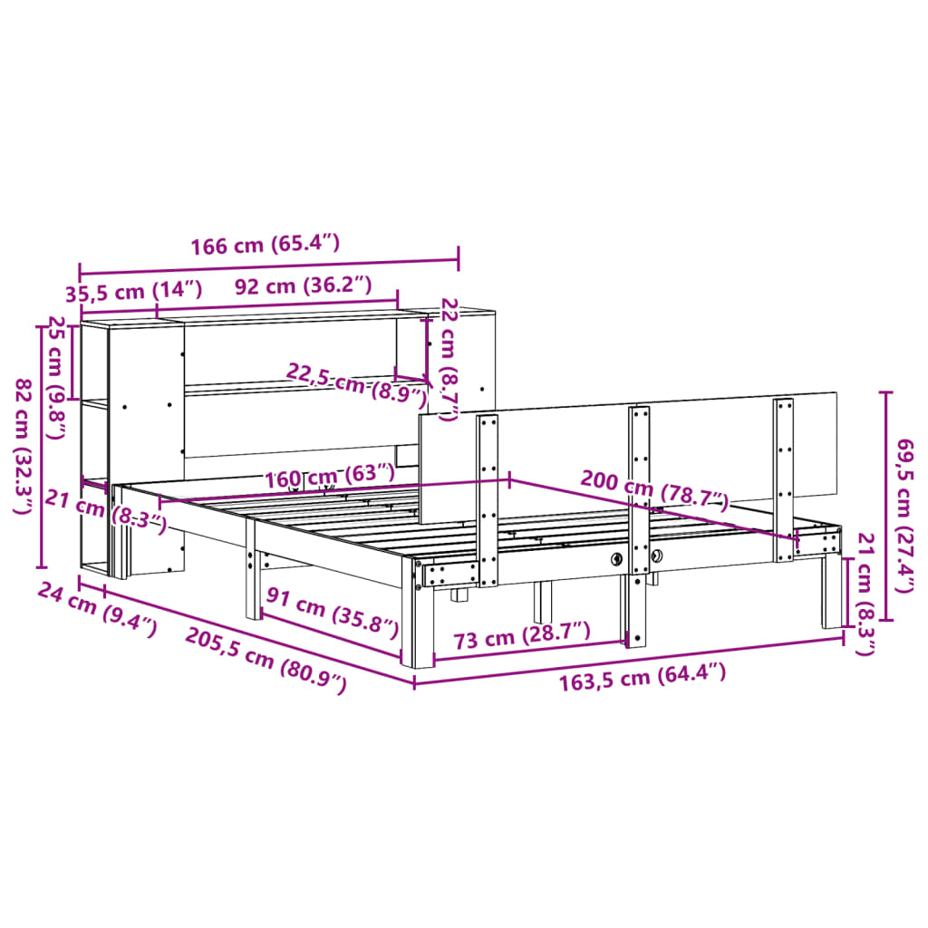 seng med reol uden madras 160x200 cm massivt fyrretræ hvid