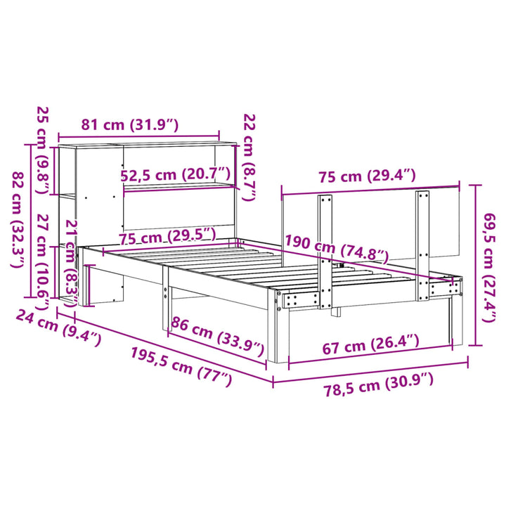 seng med reol uden madras 75x190 cm massivt fyrretræ