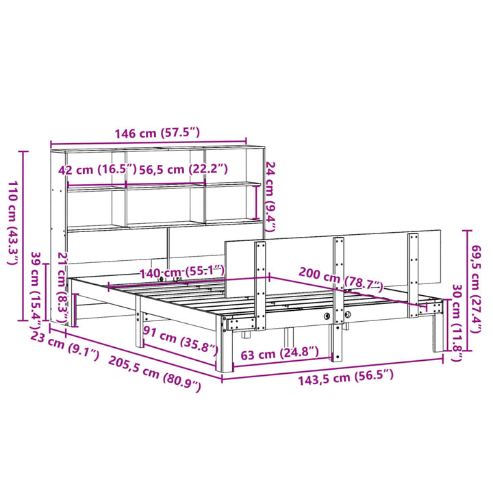 seng med reol uden madras 140x200 cm massivt fyrretræ hvid