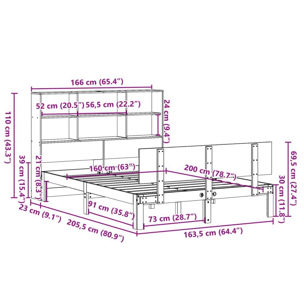 seng med reol uden madras 160x200 cm massivt fyrretræ hvid