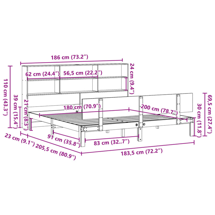 seng med reol uden madras 180x200 cm massivt fyrretræ hvid