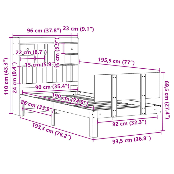 seng med reol uden madras 90x190 cm massivt fyrretræ