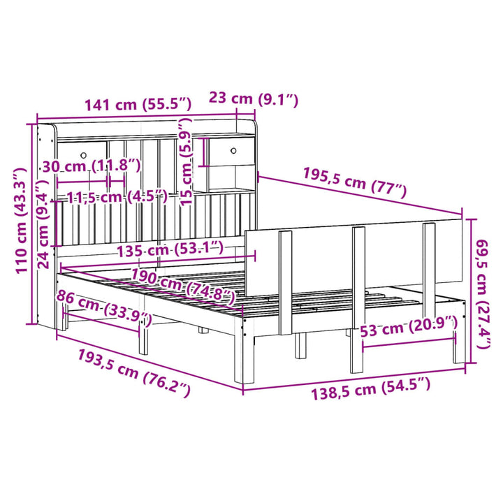 seng med reol uden madras 135x190 cm massivt fyrretræ