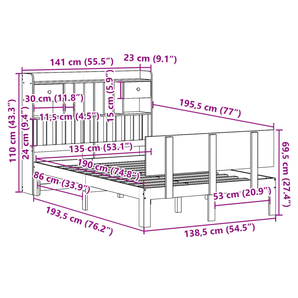 seng med reol uden madras 135x190 cm massivt fyrretræ hvid
