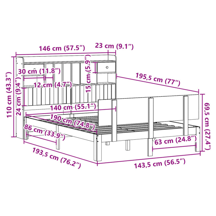 seng med reol uden madras 140x190 cm massivt fyrretræ hvid