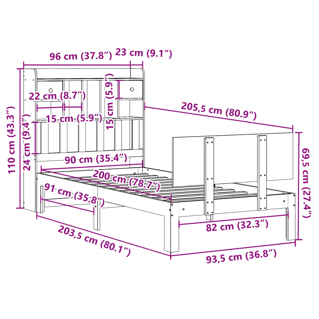 seng med reol uden madras 90x200 cm massivt fyrretræ