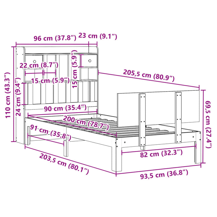 seng med reol uden madras 90x200 cm massivt fyrretræ