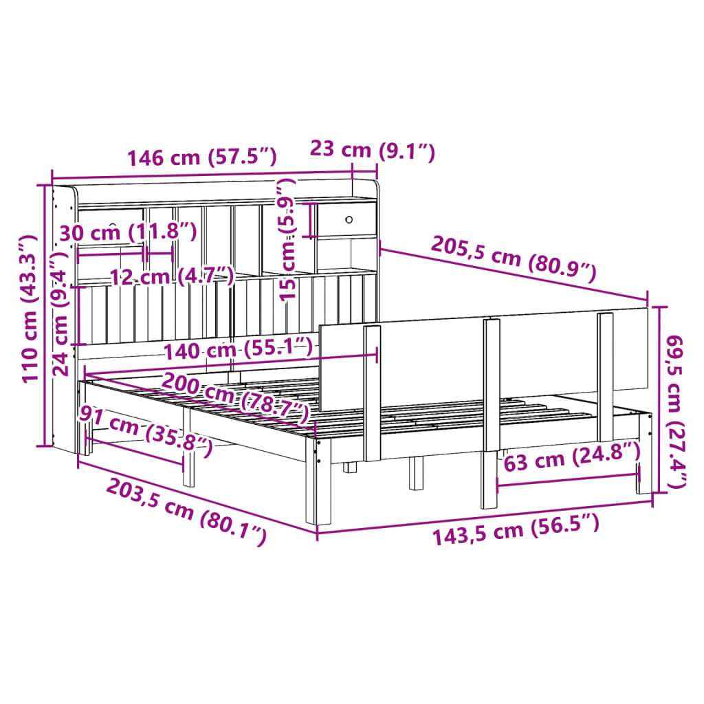 seng med reol uden madras 140x200 cm massivt fyrretræ hvid