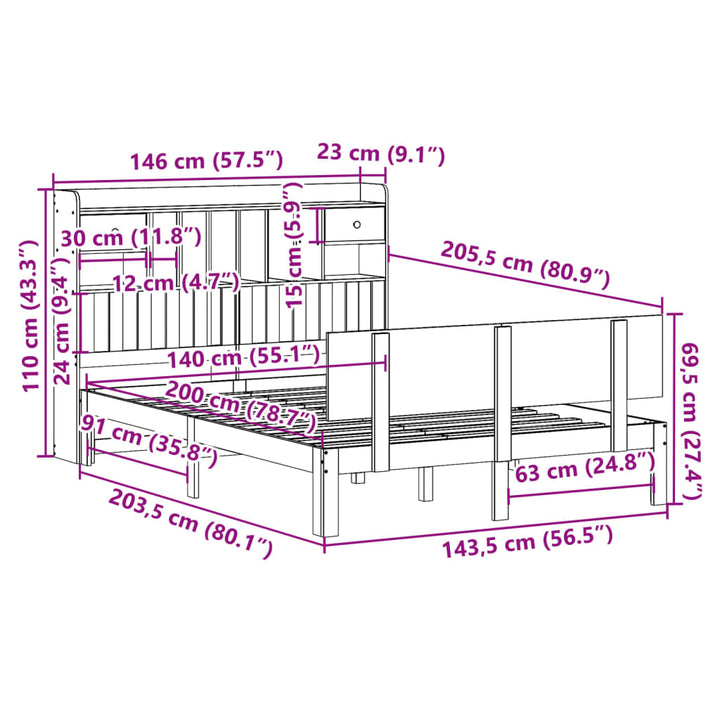 seng med reol uden madras 140x200 cm massivt fyrretræ hvid