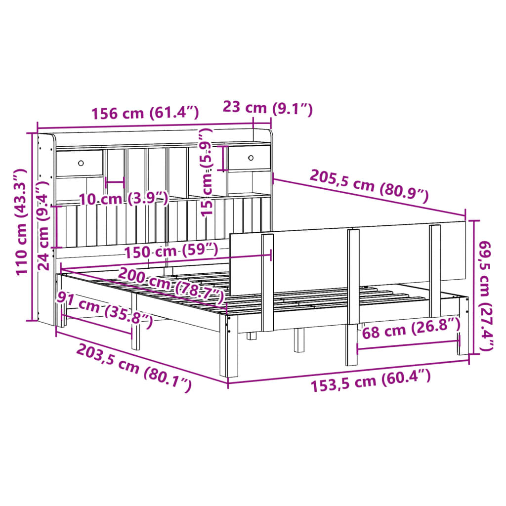 seng med reol uden madras 150x200 cm massivt fyrretræ hvid