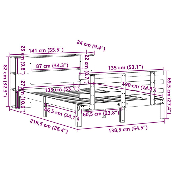 seng med reol uden madras 135x190 cm massivt fyrretræ hvid