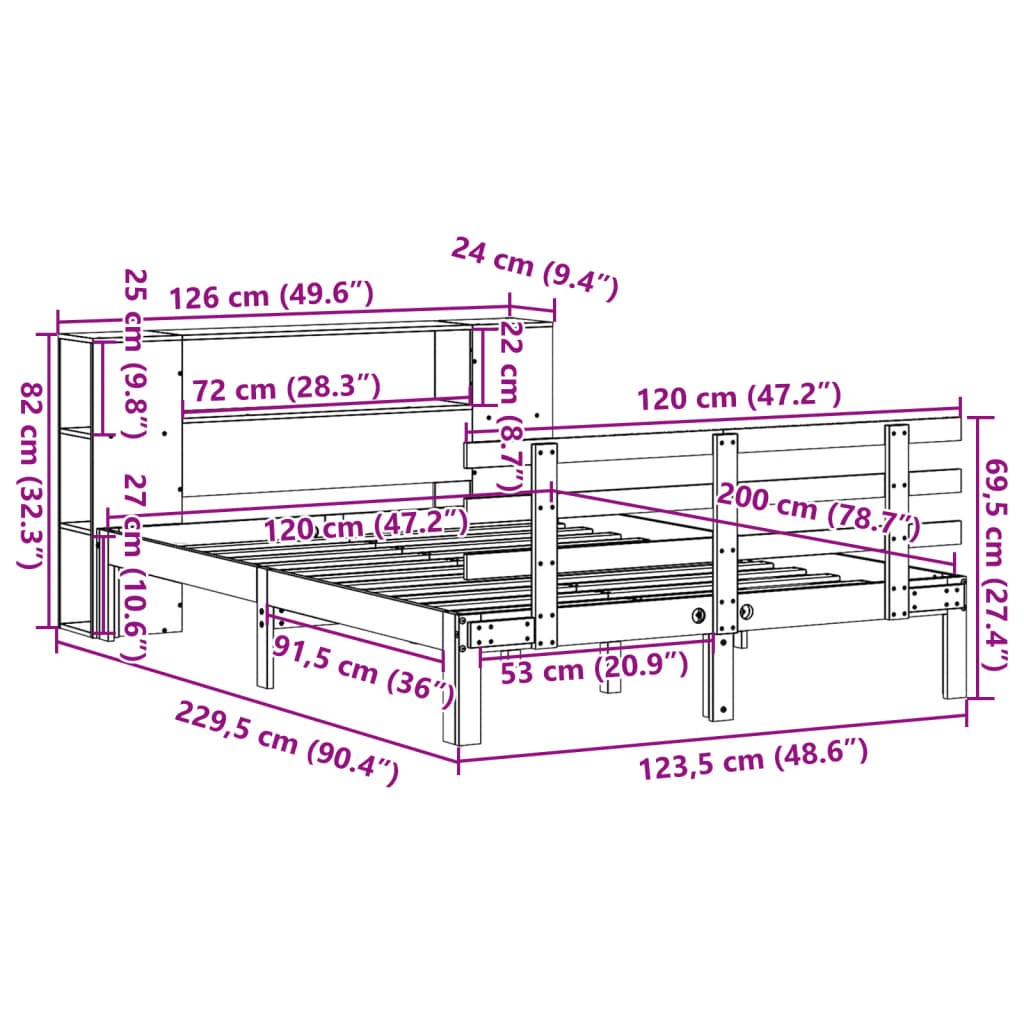 seng med reol uden madras 120x200 cm massivt fyrretræ hvid