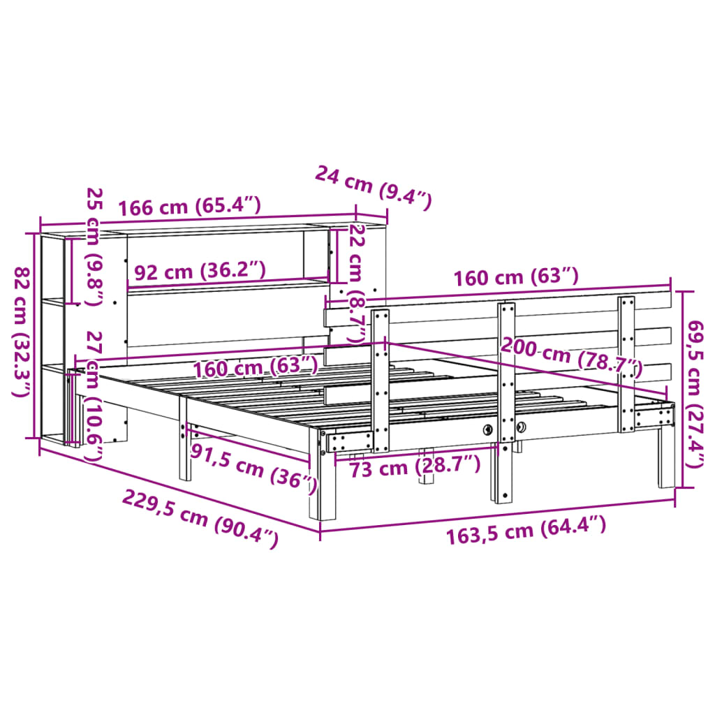 seng med reol uden madras 160x200 cm massivt fyrretræ
