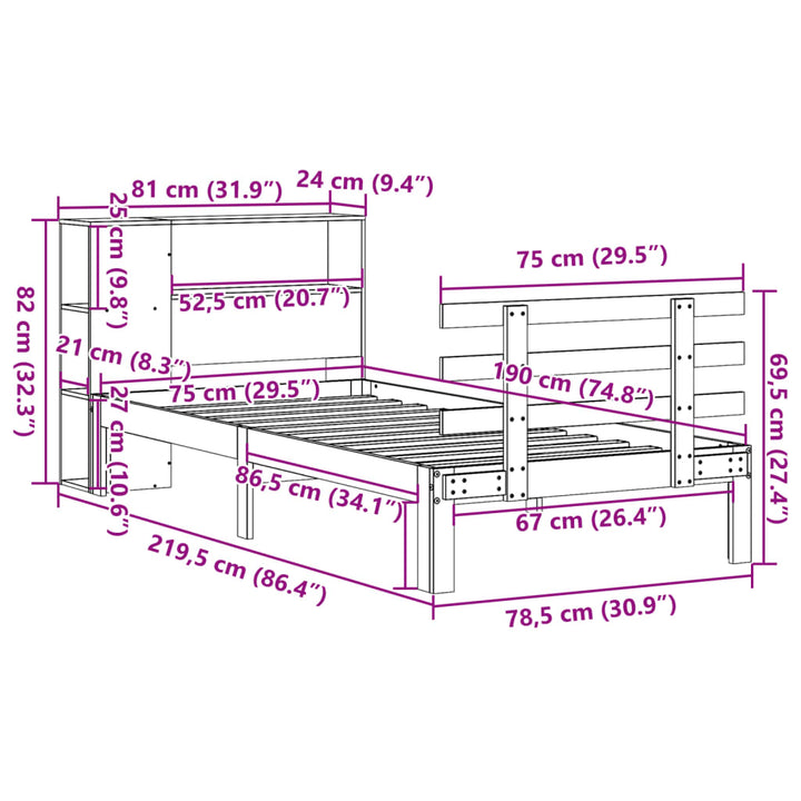 seng med reol uden madras 75x190 cm massivt fyrretræ