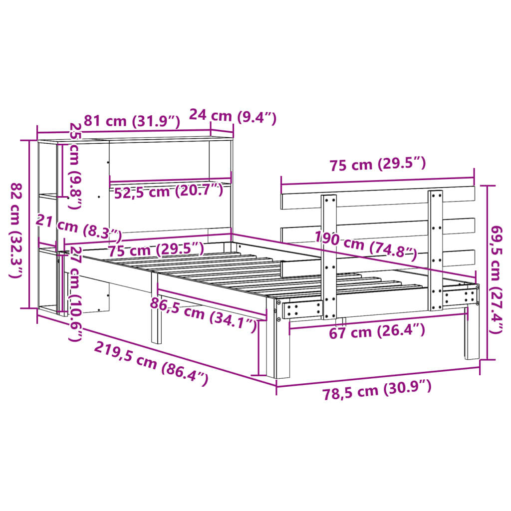 seng med reol uden madras 75x190 cm massivt fyrretræ hvid