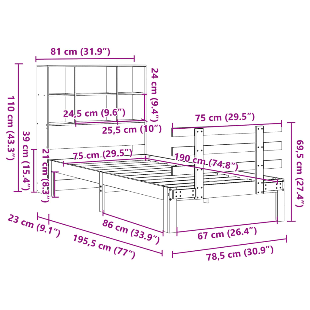 seng med reol uden madras 75x190 cm massivt fyrretræ gyldenbrun