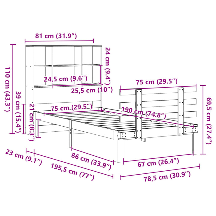 seng med reol uden madras 75x190 cm massivt fyrretræ gyldenbrun