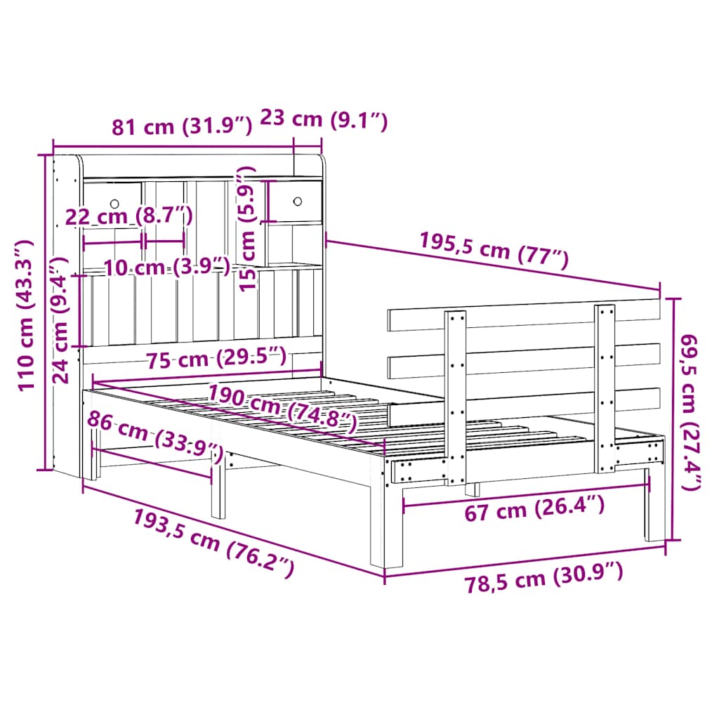 seng med reol uden madras 75x190 cm massivt fyrretræ