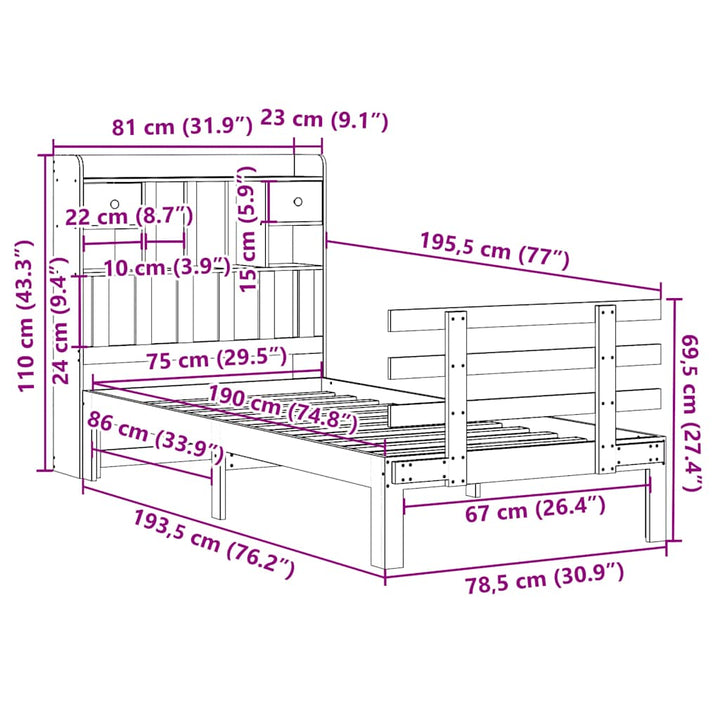 seng med reol uden madras 75x190 cm massivt fyrretræ