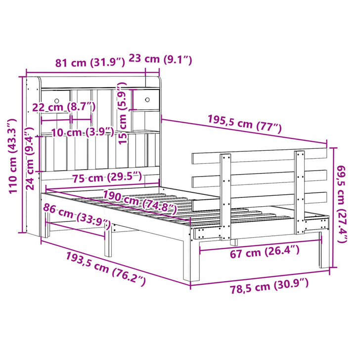 seng med reol uden madras 75x190 cm massivt fyrretræ hvid
