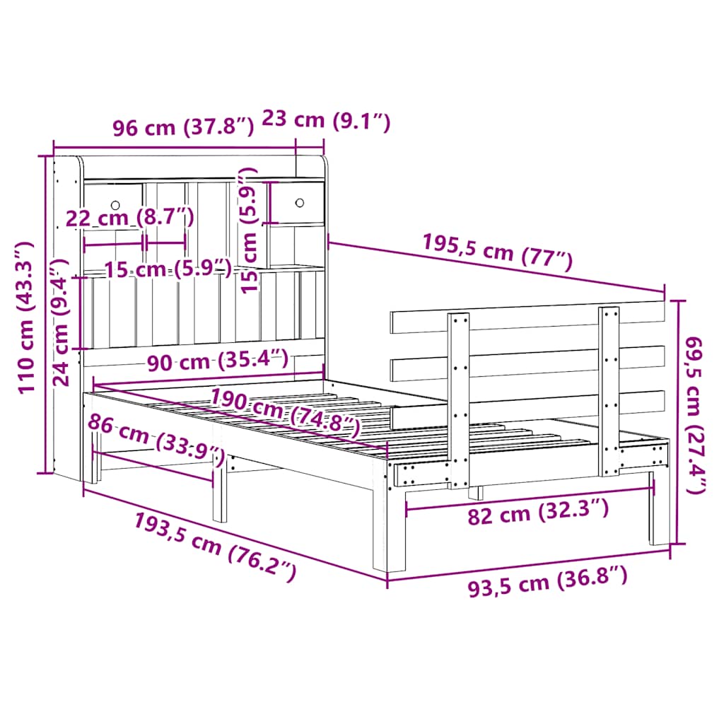 seng med reol uden madras 90x190 cm massivt fyrretræ