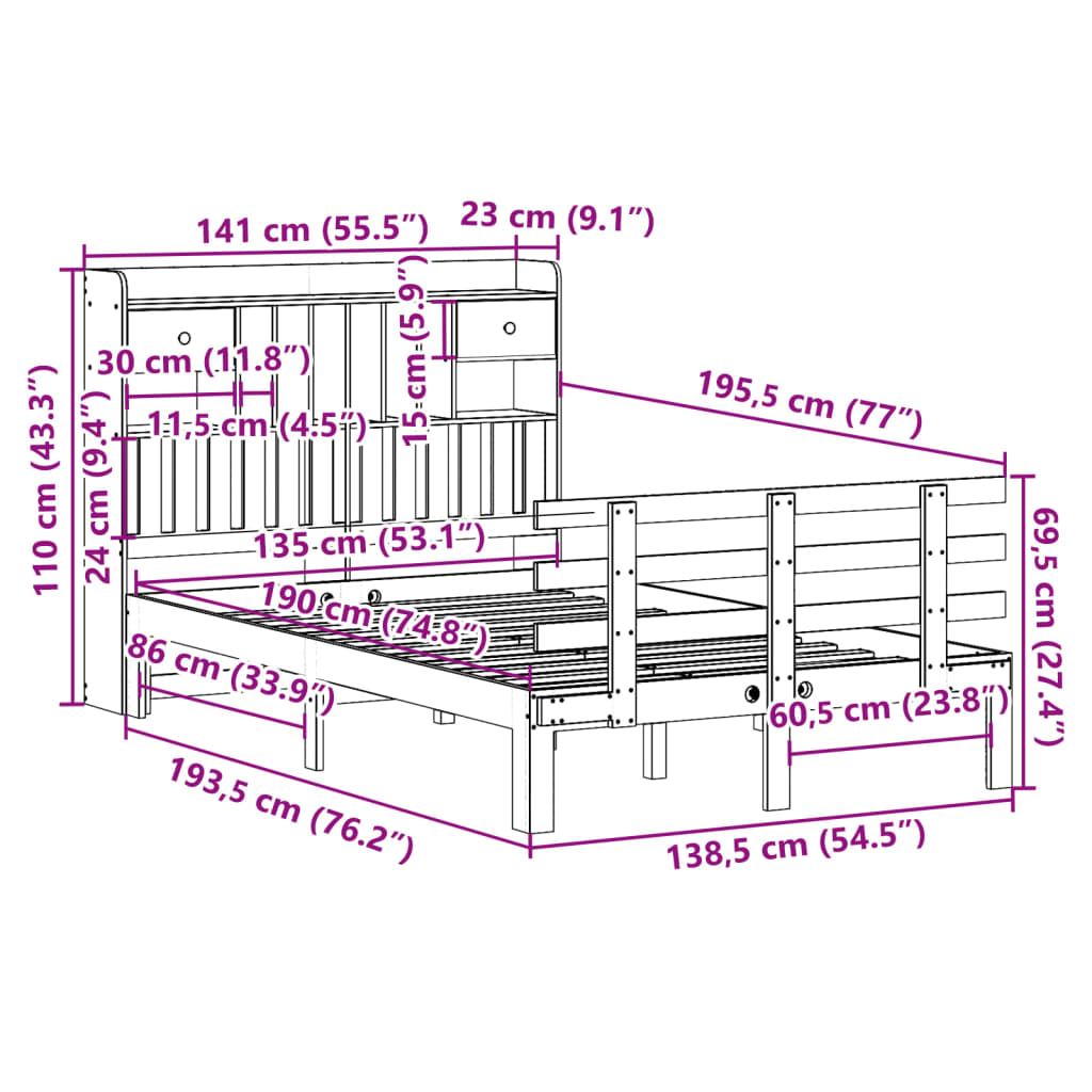seng med reol uden madras 135x190 cm massivt fyrretræ hvid