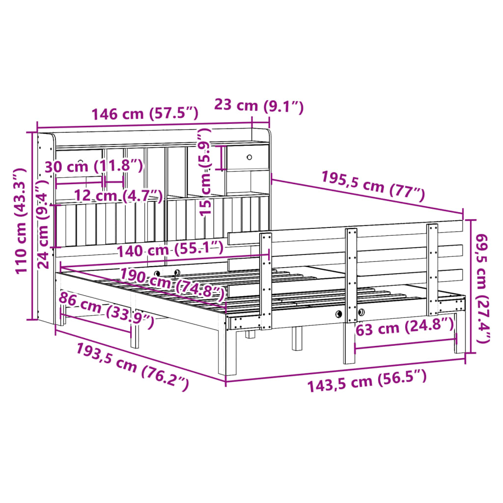 seng med reol uden madras 140x190 cm massivt fyrretræ