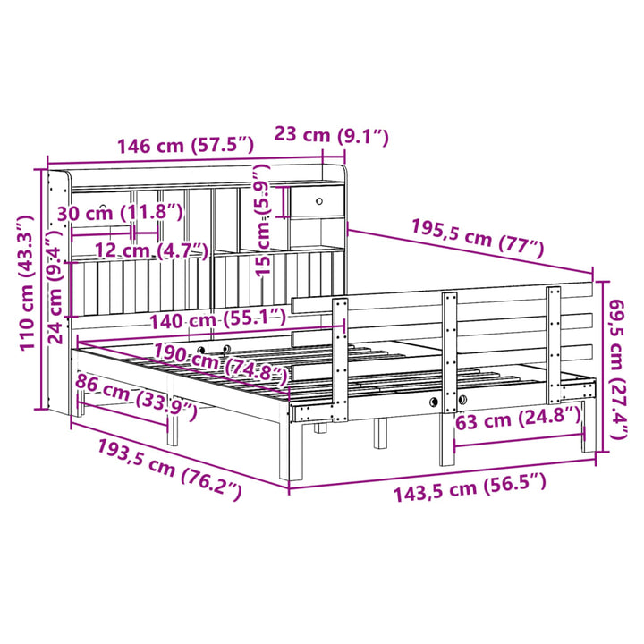 seng med reol uden madras 140x190 cm massivt fyrretræ