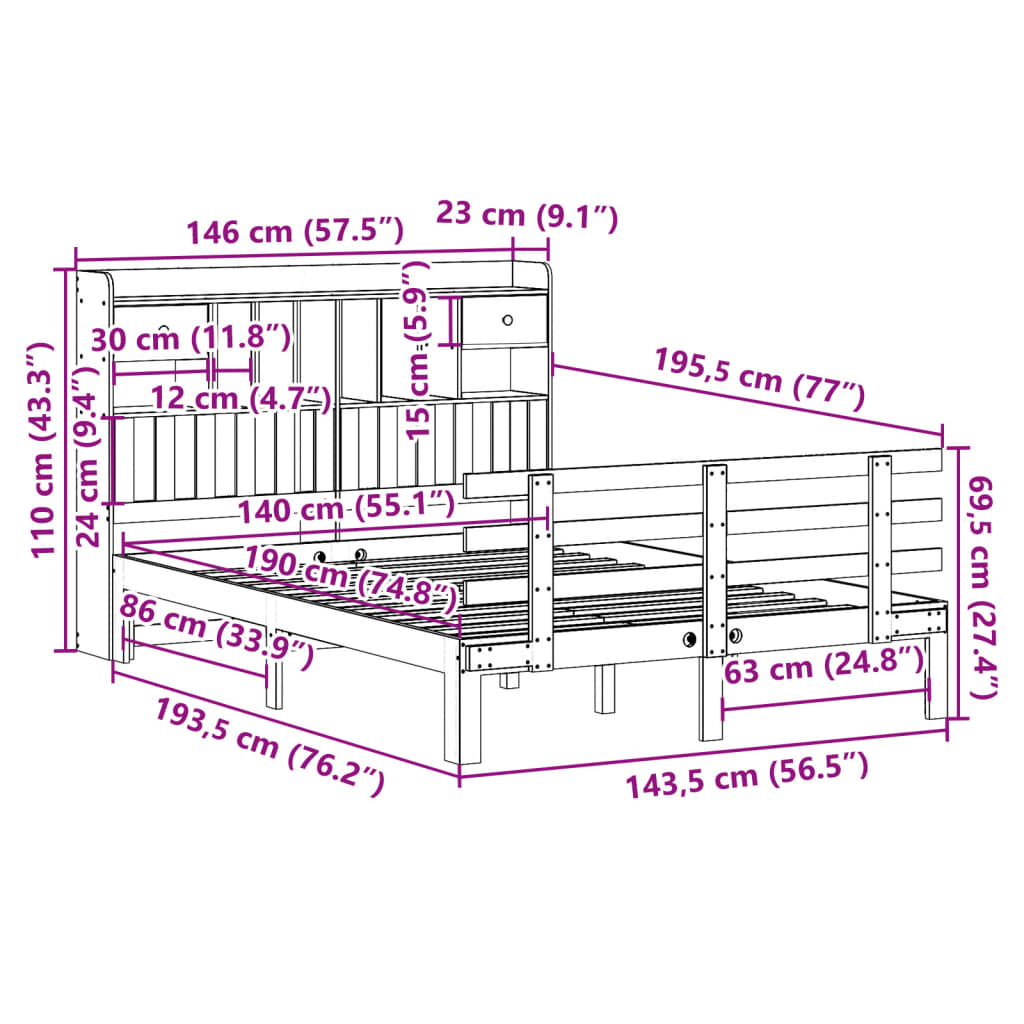 seng med reol uden madras 140x190 cm massivt fyrretræ hvid