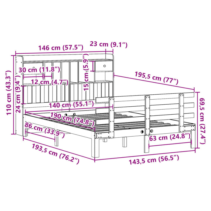 seng med reol uden madras 140x190 cm massivt fyrretræ hvid